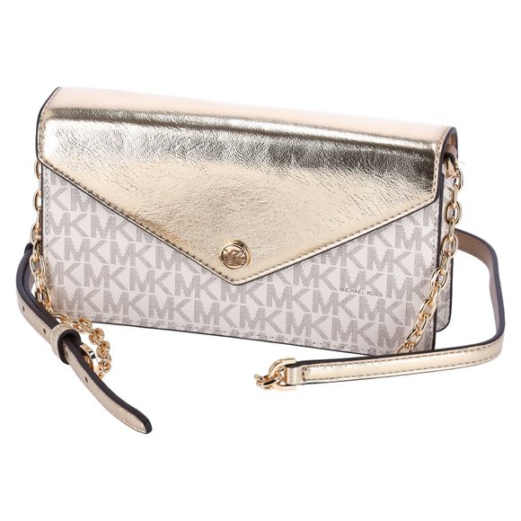 Michael Kors Jet Set Travel Small Signature Clutch Crossbody Vanilla Pale Gold - Picture 1 of 10